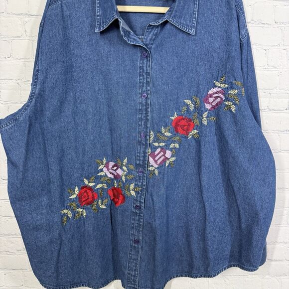 Vintage 90s Y2K Blouse Women Plus 2X Blue Denim Chambray Floral Embroidered Top - Picture 6 of 13